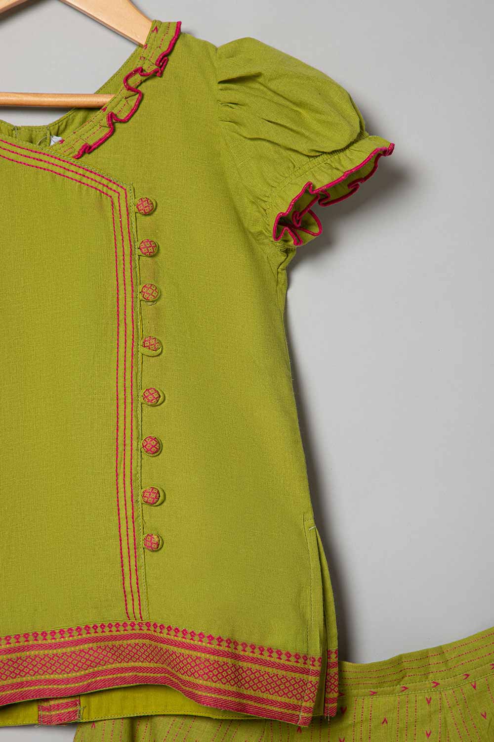 Chittythalli Puff Sleeve With Minimal Embroidery Top & Kali Skirt  Pavadai Set -  Light Green  - PS50