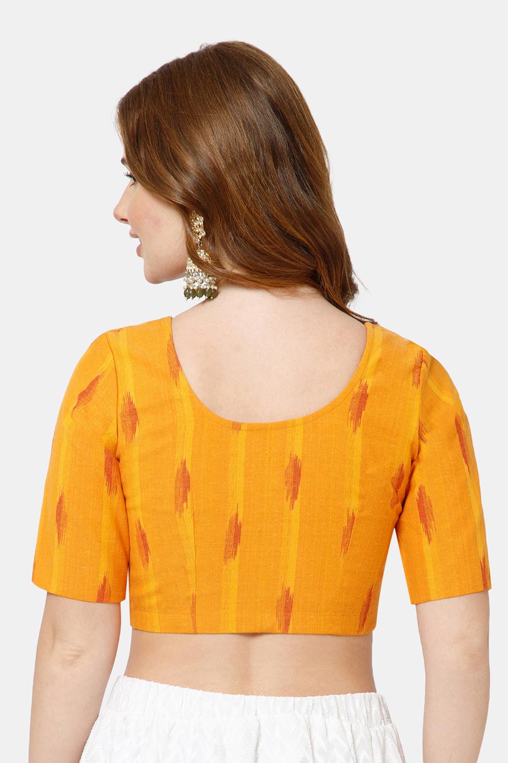 Naidu Hall Women’s Cotton Blouse | Woven U-Neck Ethnic Blouse with Elbow Sleeves & Front Closure - Orange - BU17