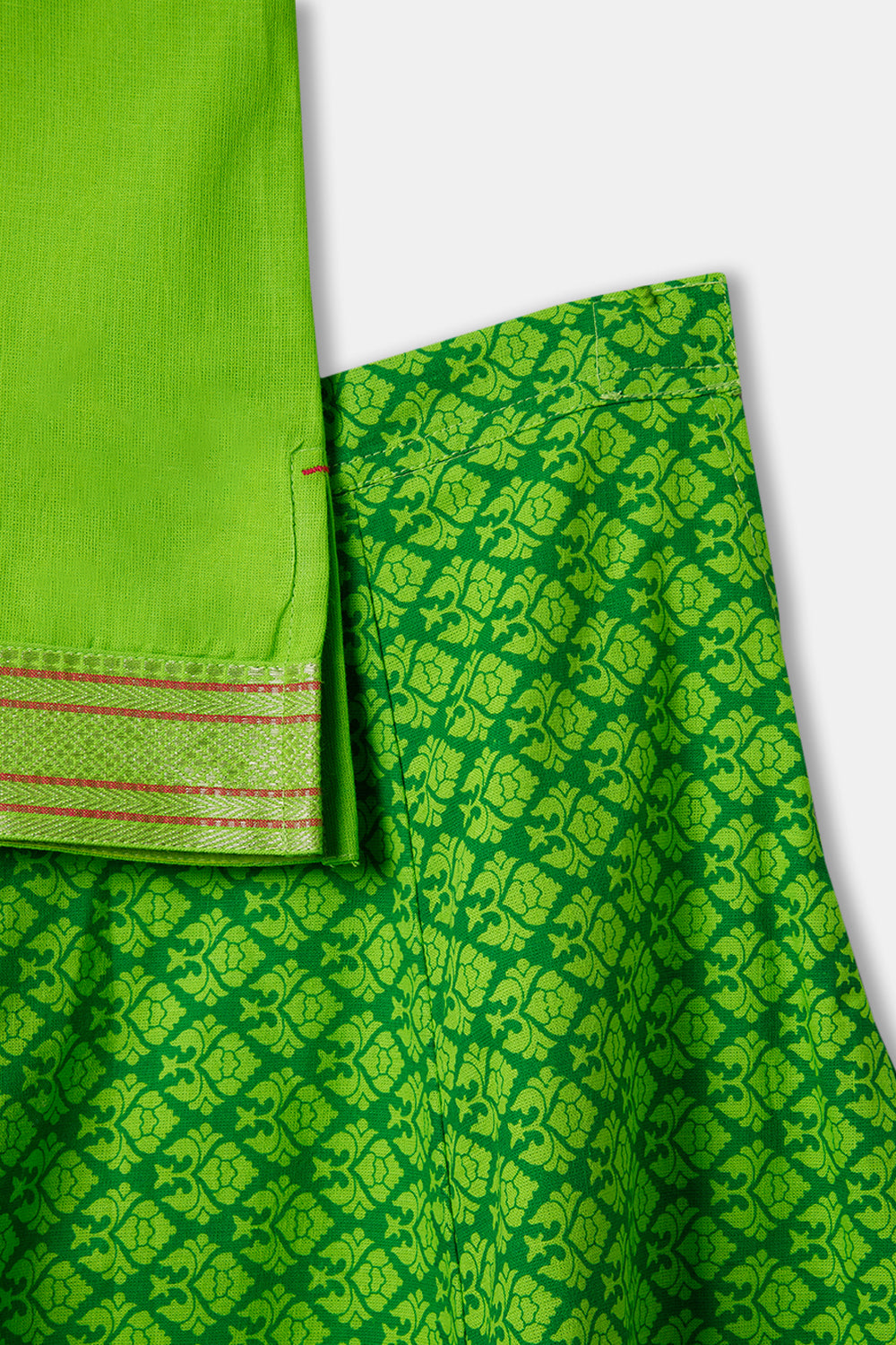 Chittythalli Girls Ethnic wear Cotton printed fabric  Pavadai Set with Stylized Neck Half Sleeve - Green - PS65