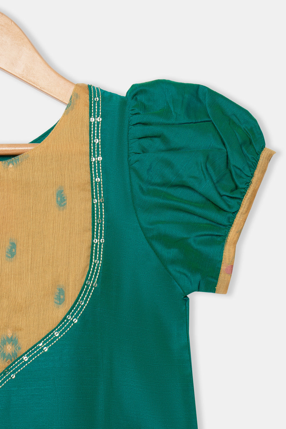 Chittythalli Girls Pavadai Set with Puff Sleeve Top & Embroidered Kali Skirt - Teal Green - PS76