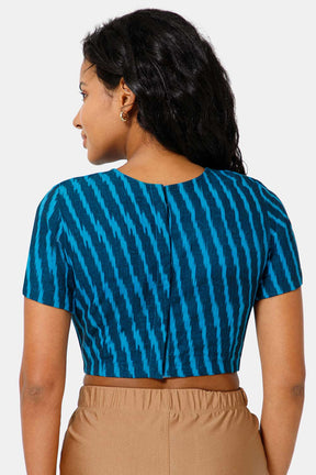 Naiduhall Princess Cut High Neck Short Sleeve Ikat Blouse - Blue - BU09