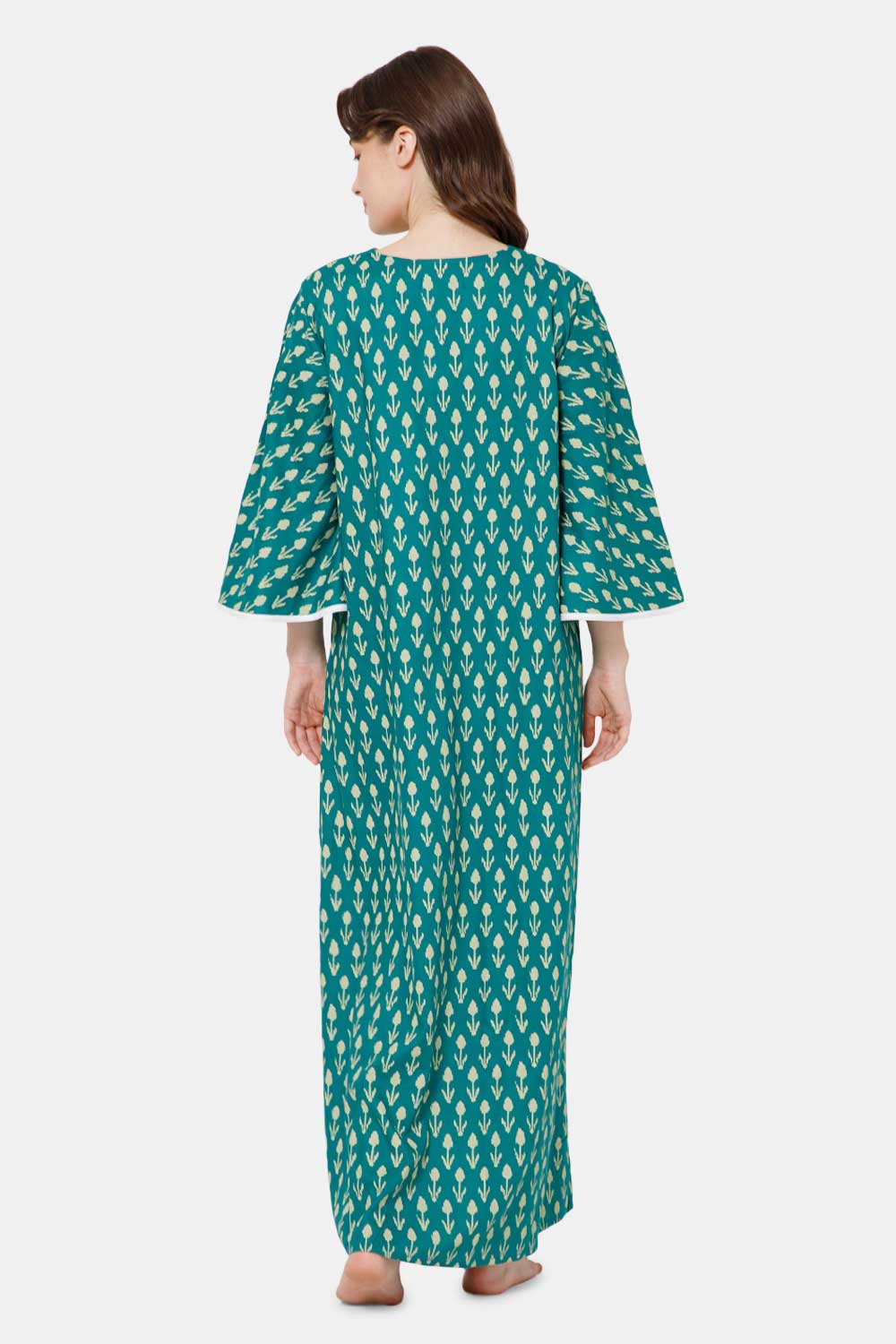 Naidu Hall V Neck Printed Nighty with Long Bell Sleeves - Teal green - NT40