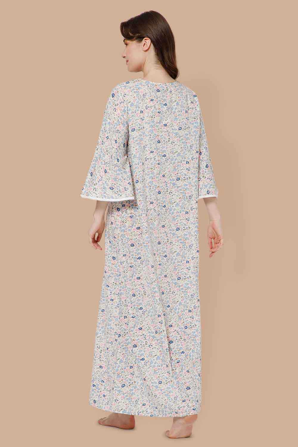 Naidu Hall V Neck Printed Nighty with Long Bell Sleeves - Blue - NT40