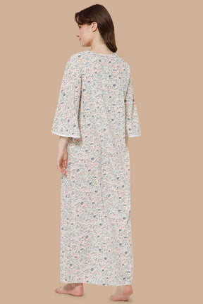 Naidu Hall V Neck Printed Nighty with Long Bell Sleeves - Green - NT40