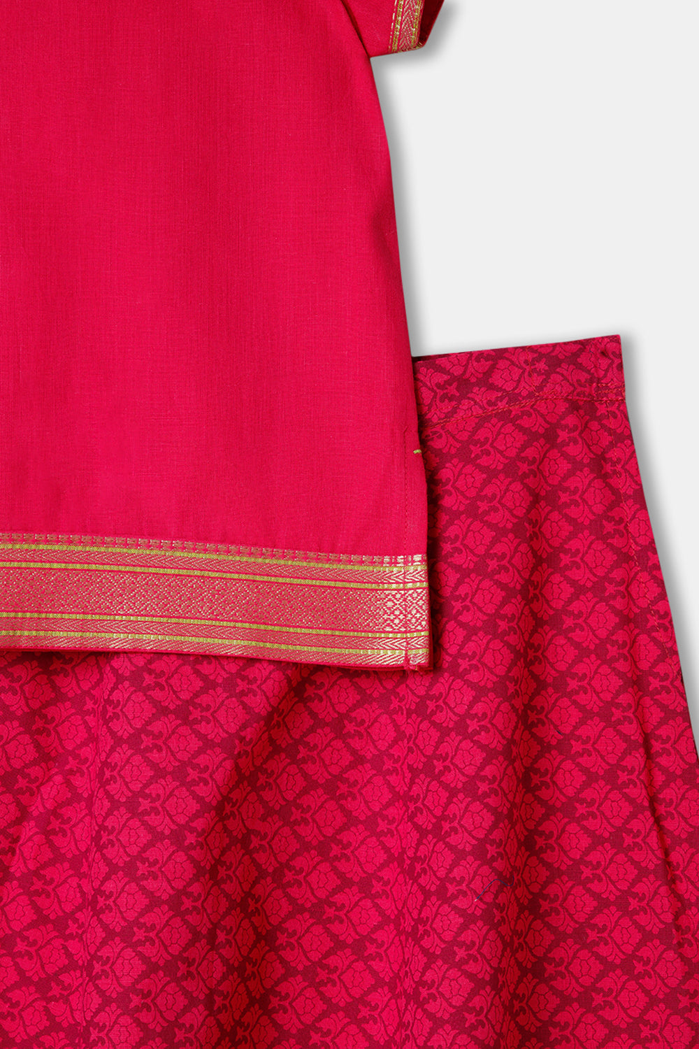 Chittythalli Girls Ethnic wear  Cotton printed fabric  Pavadai Set with  Stylized Neck Half Sleeve - Pink - PS65