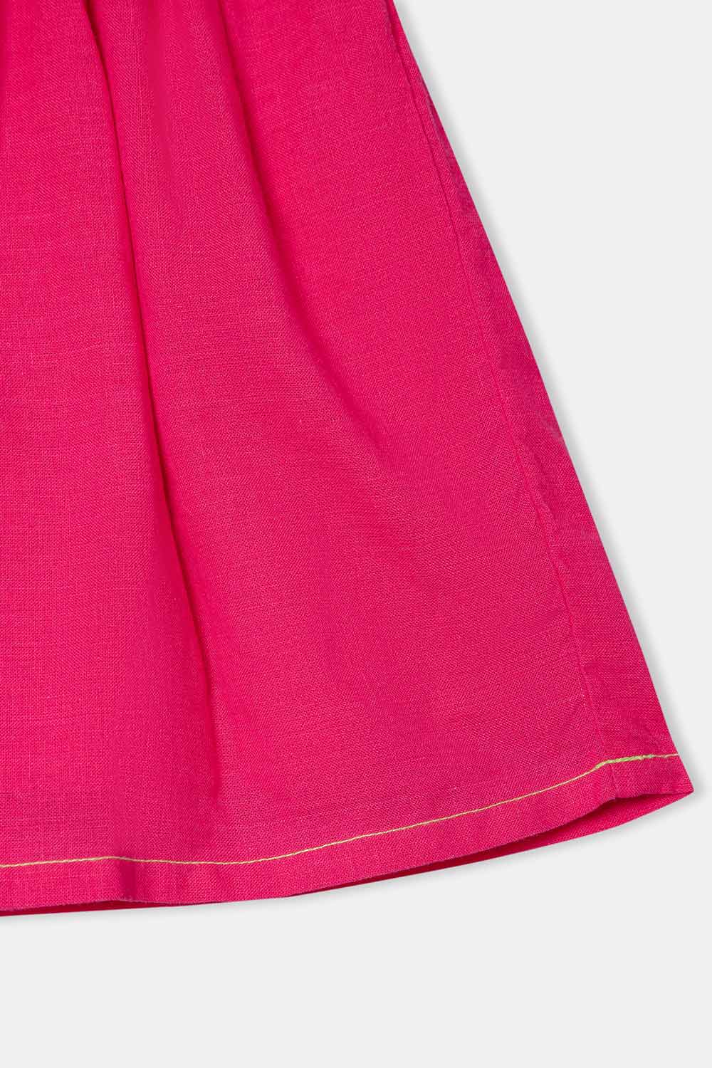 Chittythalli Round Neck Knee-Length Frock with Ruffle Detailing and Hand Embroidery - Pink  - FR34