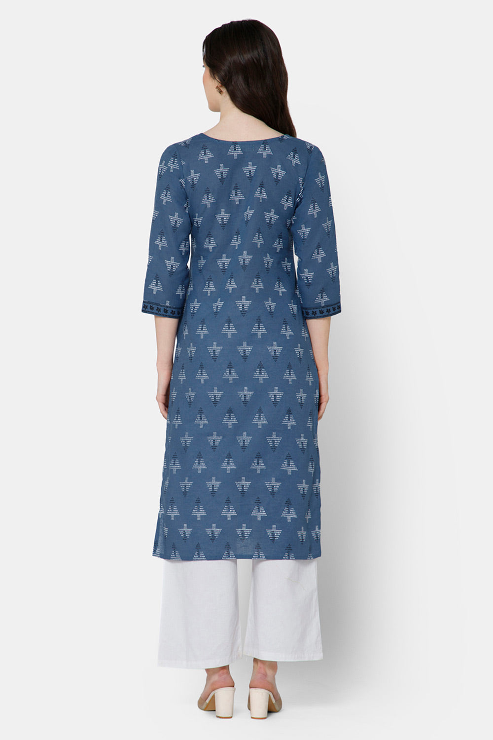 Mythri Women's Casual Kurthi with Patchwork And Minimalistic Embroidery - Blue - E028