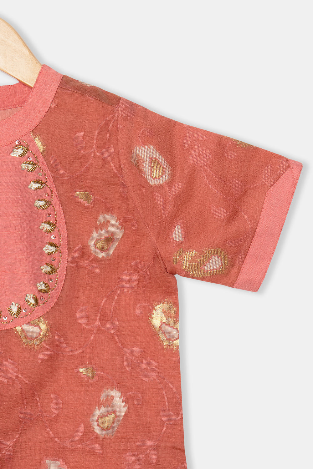 Chittythalli Girl's Ethnic Pavadai Set Round Neck Top with Shoulder Tie-Ups Sequin Embroidery & Kali Skirt - Pink - PS70