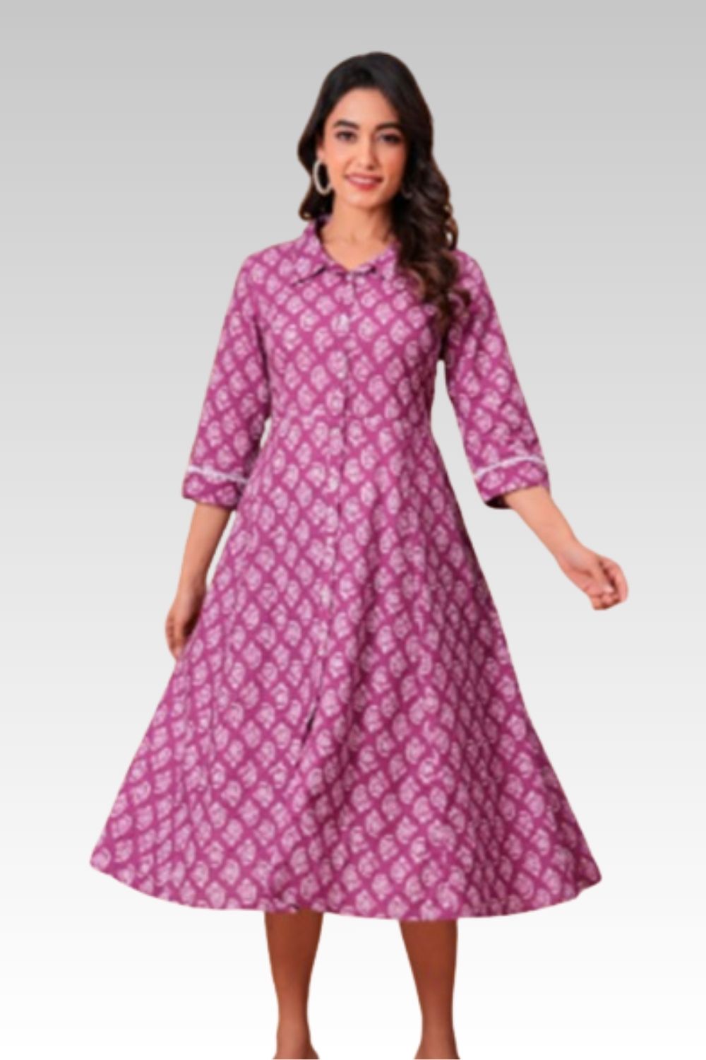 Mythri Women’s Cotton Cambric Kurthi | Flared Ethnic Wear with Shirt-Style Collar & Lace Detailing - Purple - K002