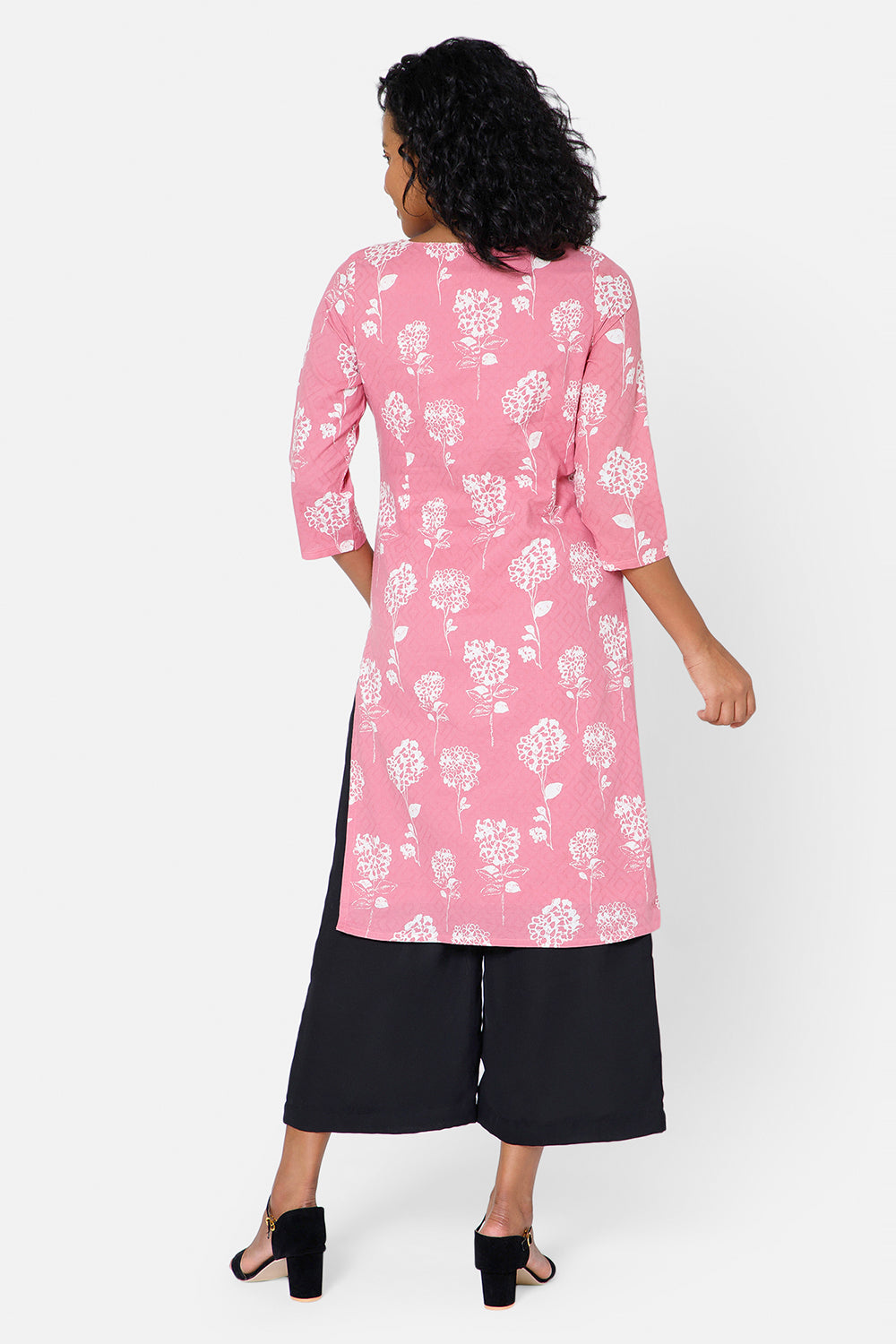 Mythri Women's Casual Kurthi with Round Neck 3/4th Sleeves - Pink - KU34