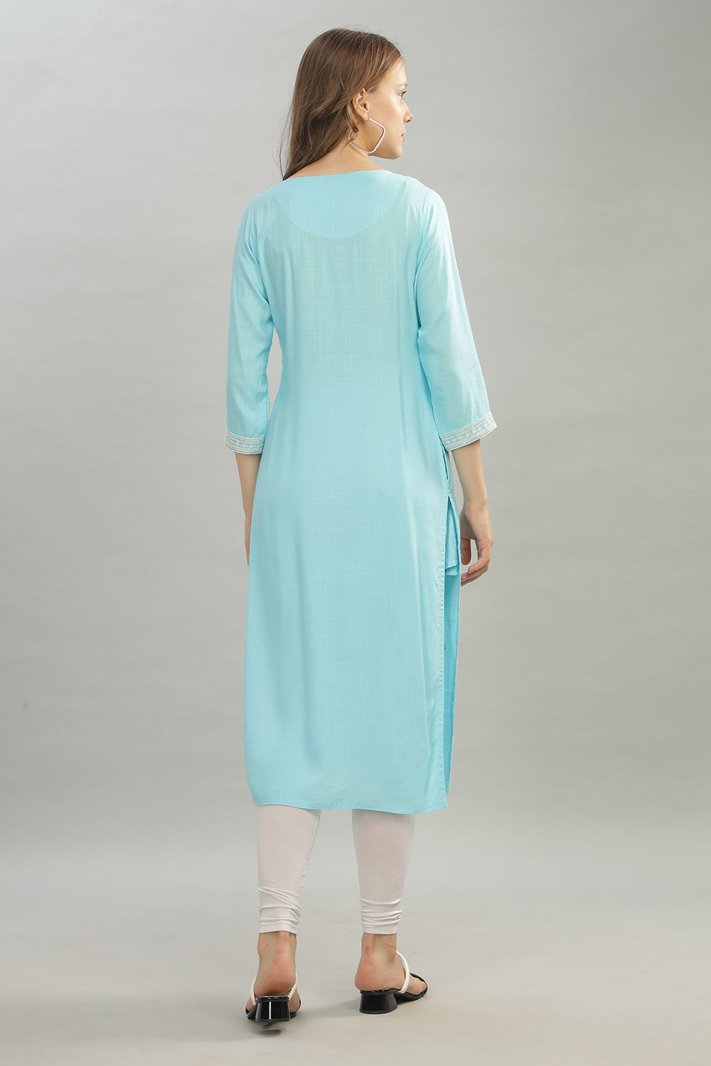 Mythri Round Neck Straight Cut Kurta with 3/4 Sleeves - Light Blue - KU41