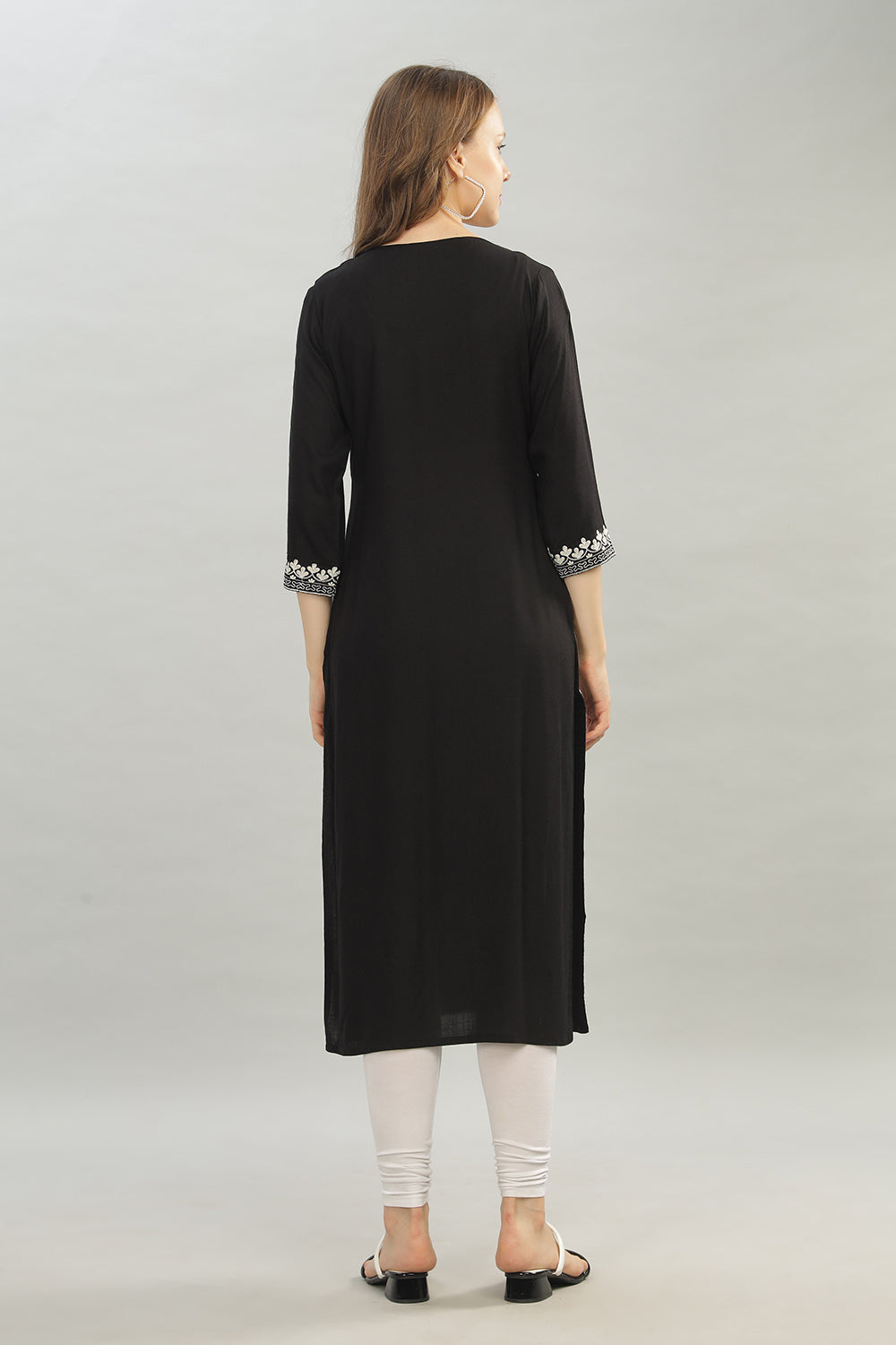 Mythri V Neck Straight Cut Kurta with 3/4 Sleeves - Black - KU43