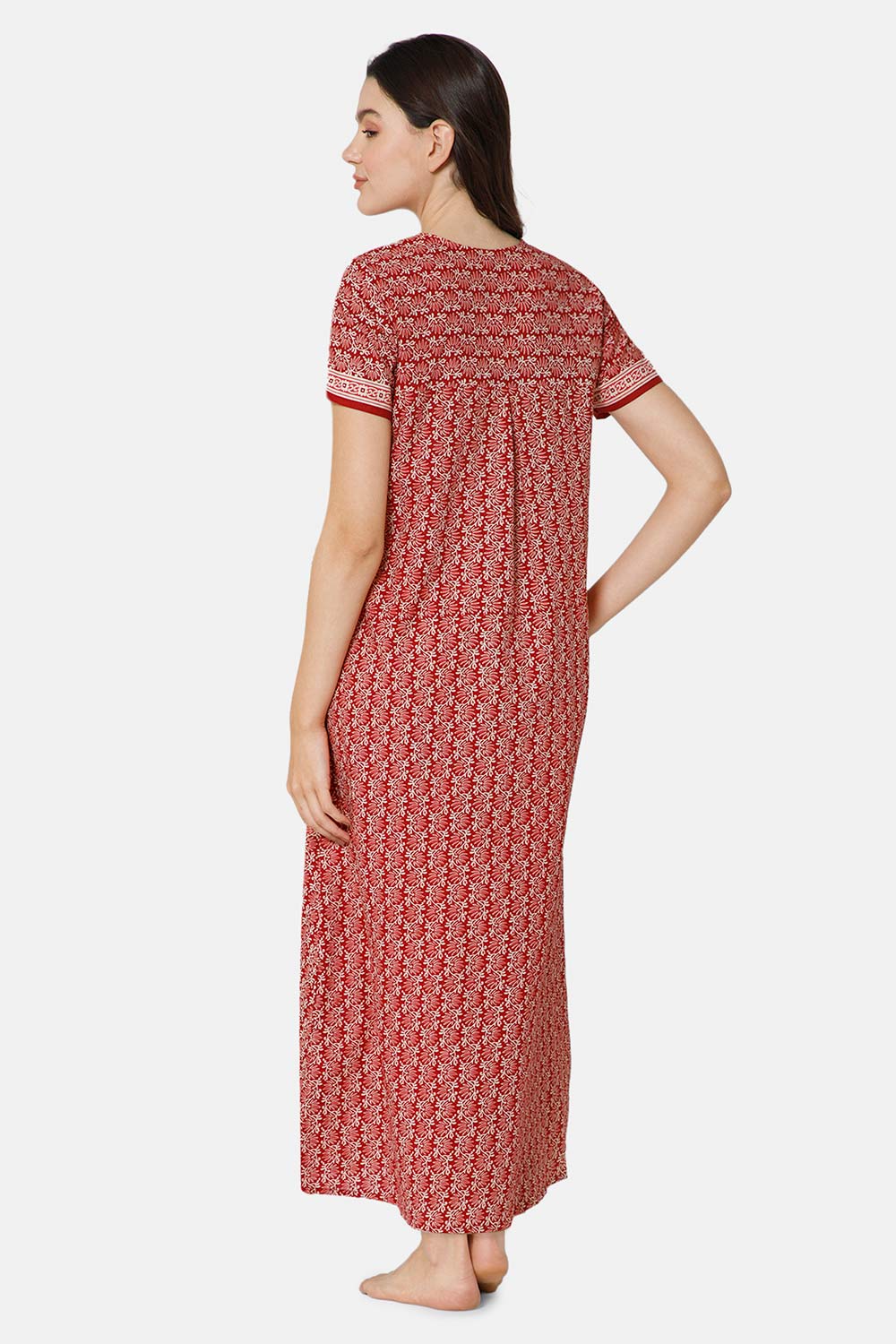 Naidu Hall Pleated Women's Nighty Full Length Half Sleeve  - Red - R134