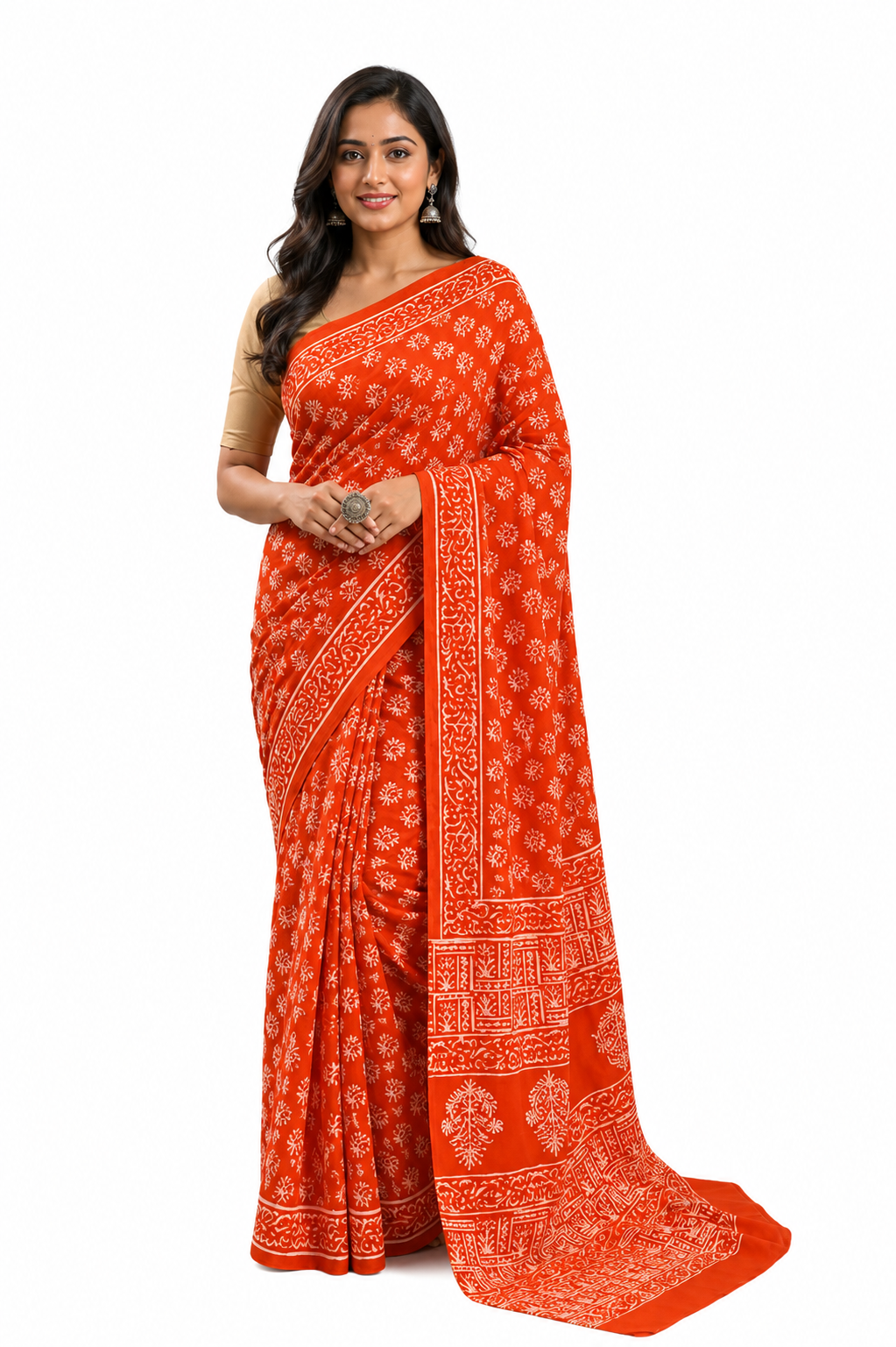 Naidu Hall Women's Orange Jaipur Print Cotton Blend Saree with Blouse | Lightweight Ethnic Wear Saree - WS07