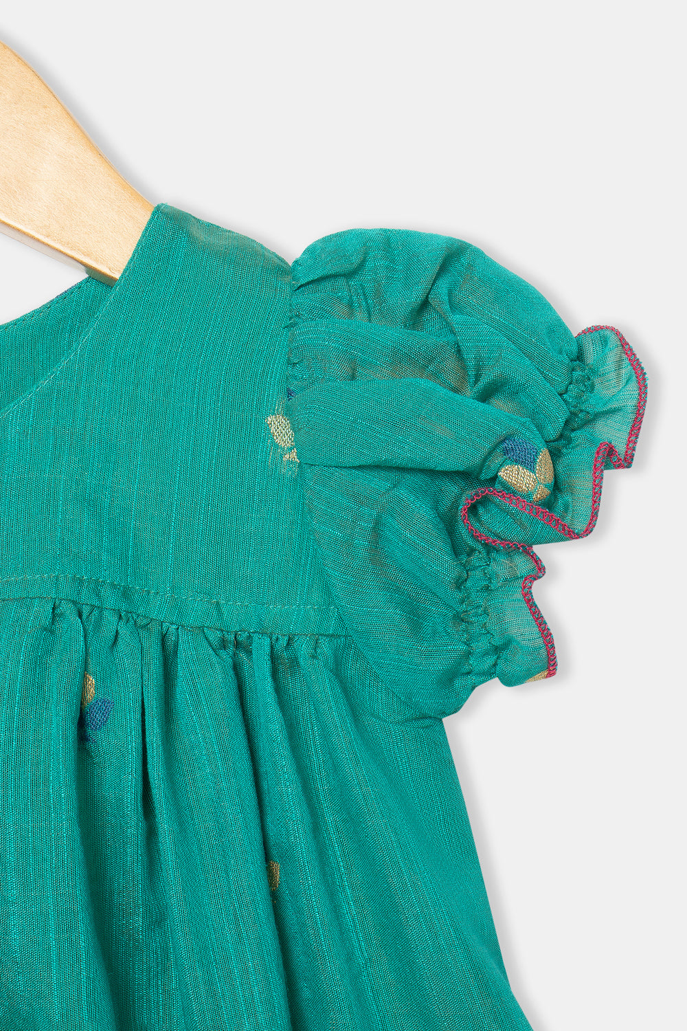 Chittythalli Girls Knee-Length Frock with Puff Sleeves and Pleated Front Detailing - Green - FR32