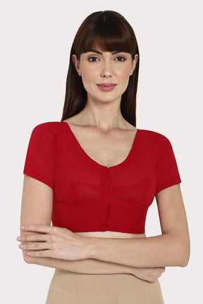 Naidu Hall Full Coverage Non-Padded Round Neck Short Sleeve Cotton Blouse - Dark Red