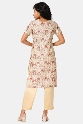 Mythri Boat Neck Short Sleeve Straight Kurti  - Pink -  KU57