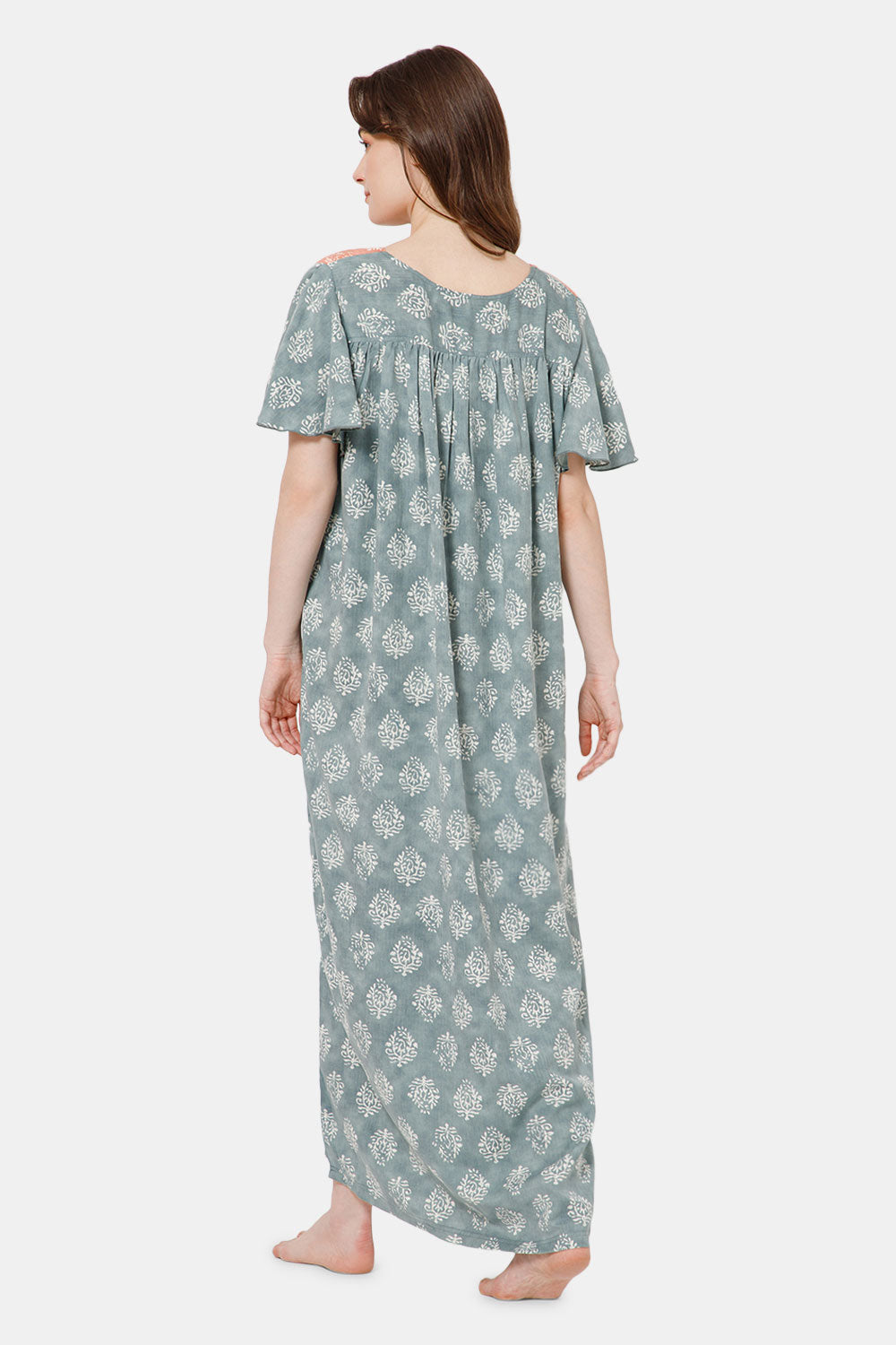 Naidu Hall All Over Printed Nighty with Butterfly Sleeves Diamond Neck - Green - NT37