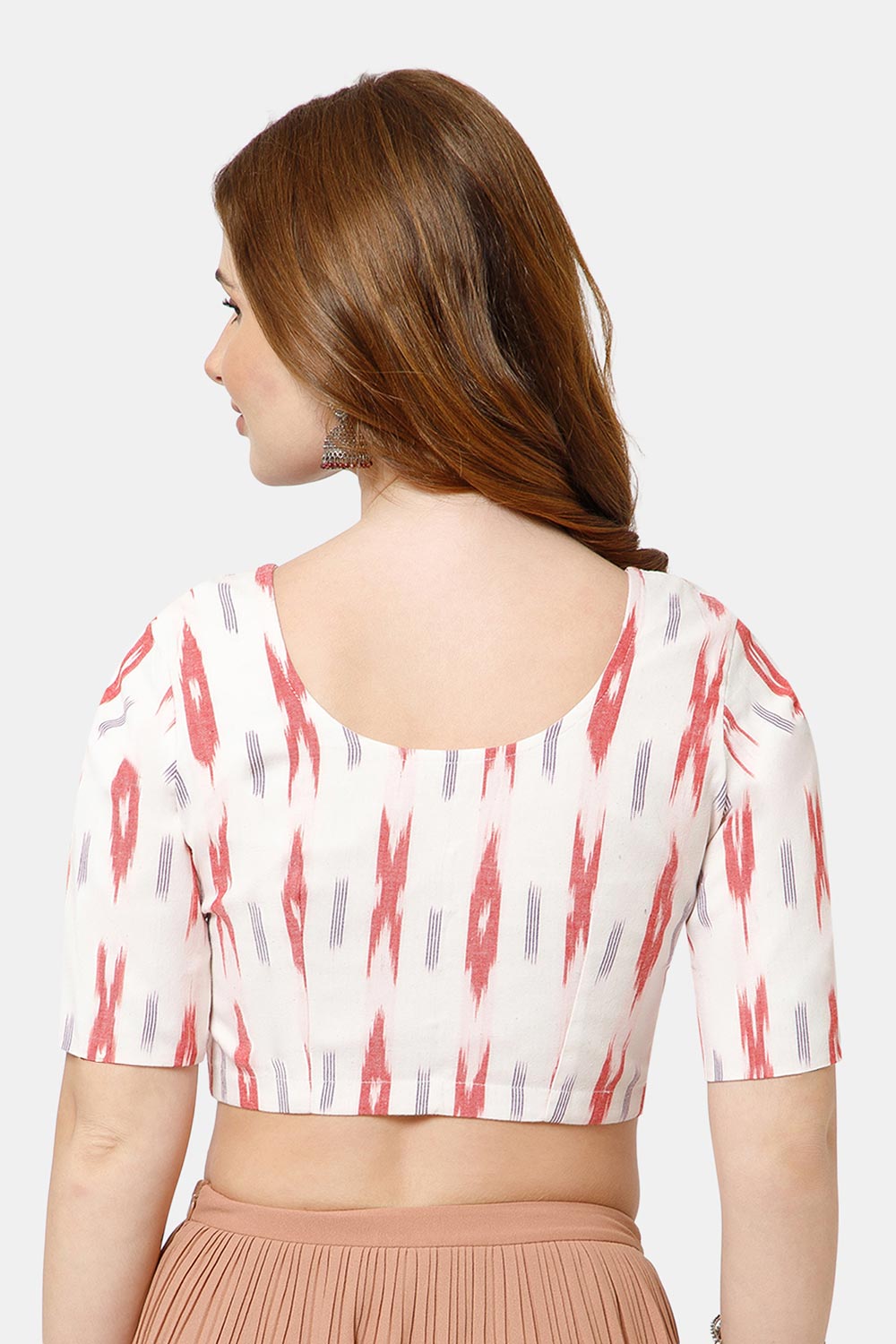 Naidu Hall Women’s Cotton Blouse | Woven U-Neck Ethnic Blouse with Elbow Sleeves & Front Closure - White Red - BU17