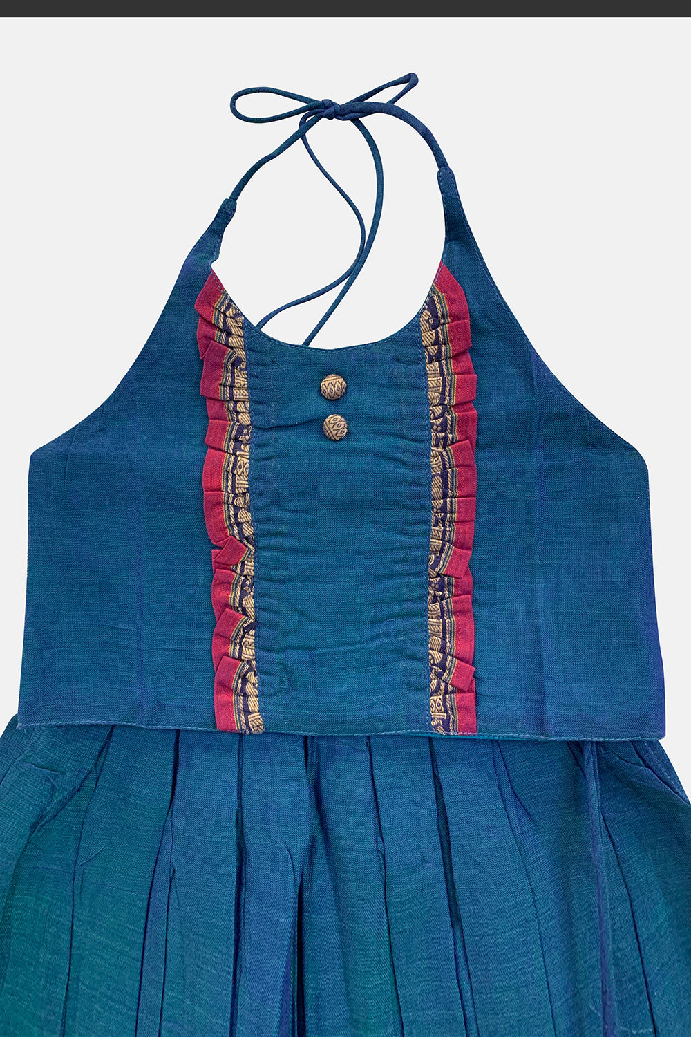 Chittythalli Girls’ Halter-Neck Pavadai Set – Cotton Blend Layered Box Pleat Skirt - Dark Blue - PS28