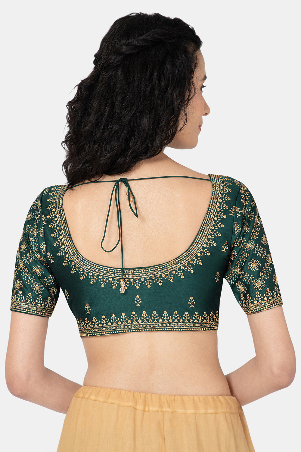 Naidu Hall Ethnic Saree Blouse with Round Neck Elbow Sleeves - Bottle Green