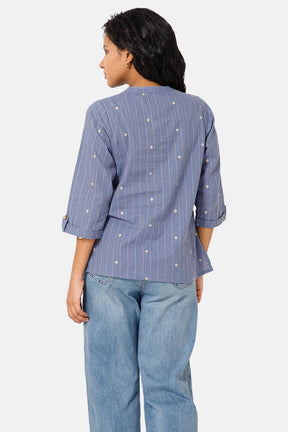 Mythri Manderian Collar 3/4th Sleeve Tab Top  - Blue -  TO04