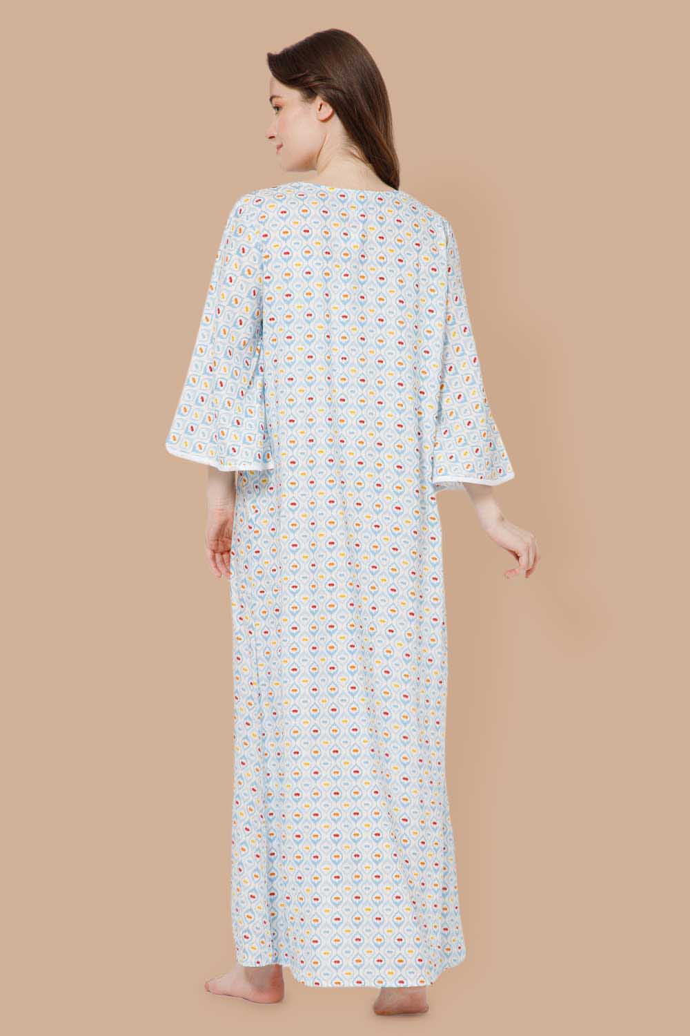 Naidu Hall V Neck Cotton Printed Nighty with Long Bell Sleeves - Sky Blue - NT40