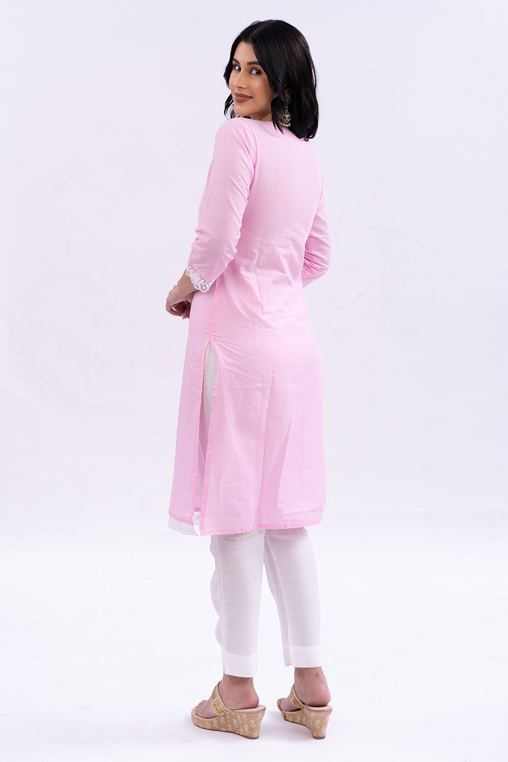 Mythri Round Neck with 3/4  Sleeves Straight Kurta - Pink - KU06