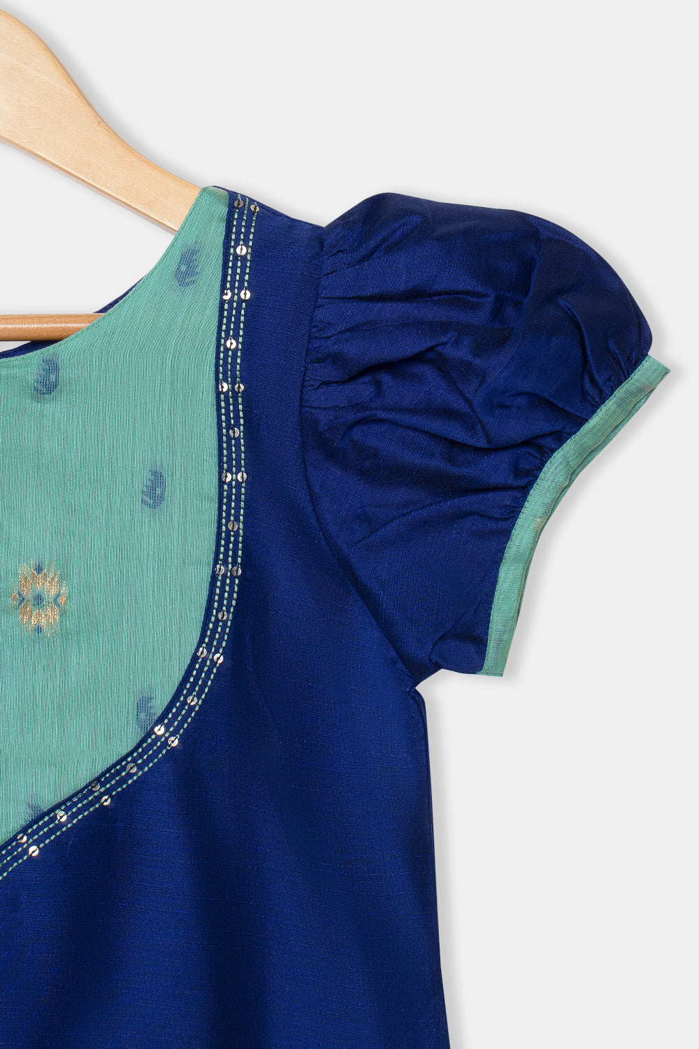 Chittythalli Girls Pavadai Set with Puff Sleeve Top & Embroidered Kali Skirt - Blue - PS76