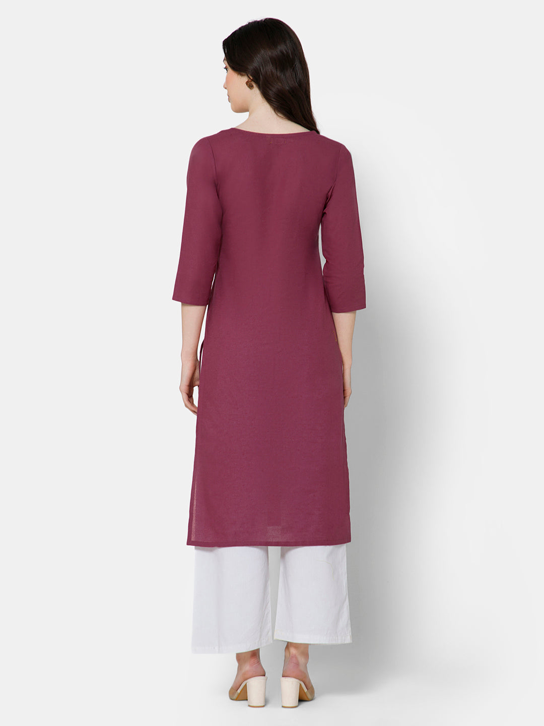 Mythri Women's Casual Kurthi with Elaborately Embroidered Neckline - Mauve - E026