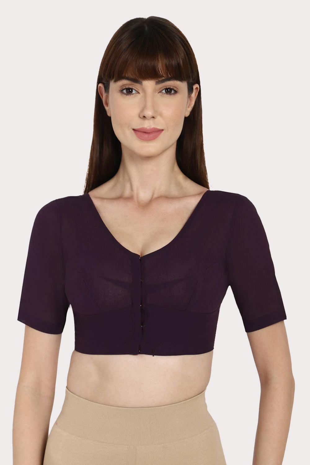 Naidu Hall Full Coverage Non-Wired Non-Padded Round Neck Long Sleeve Cotton Blouse - Dark Wine