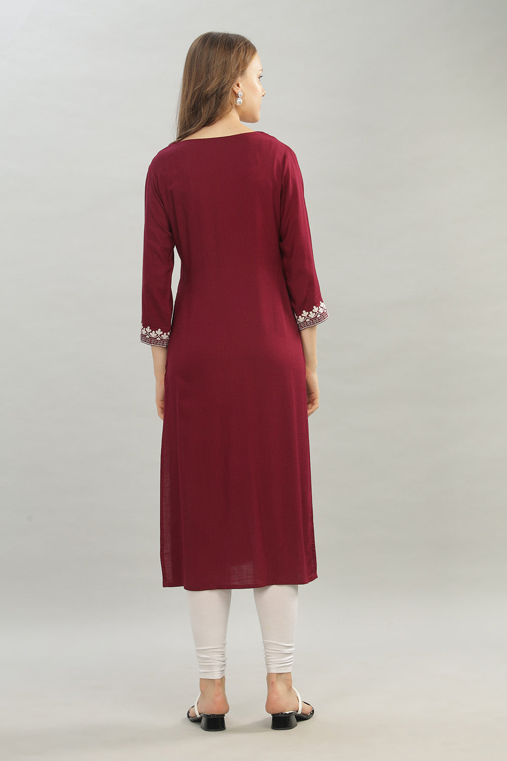 Mythri V Neck Straight Cut Kurta with 3/4 Sleeves - Maroon - KU45