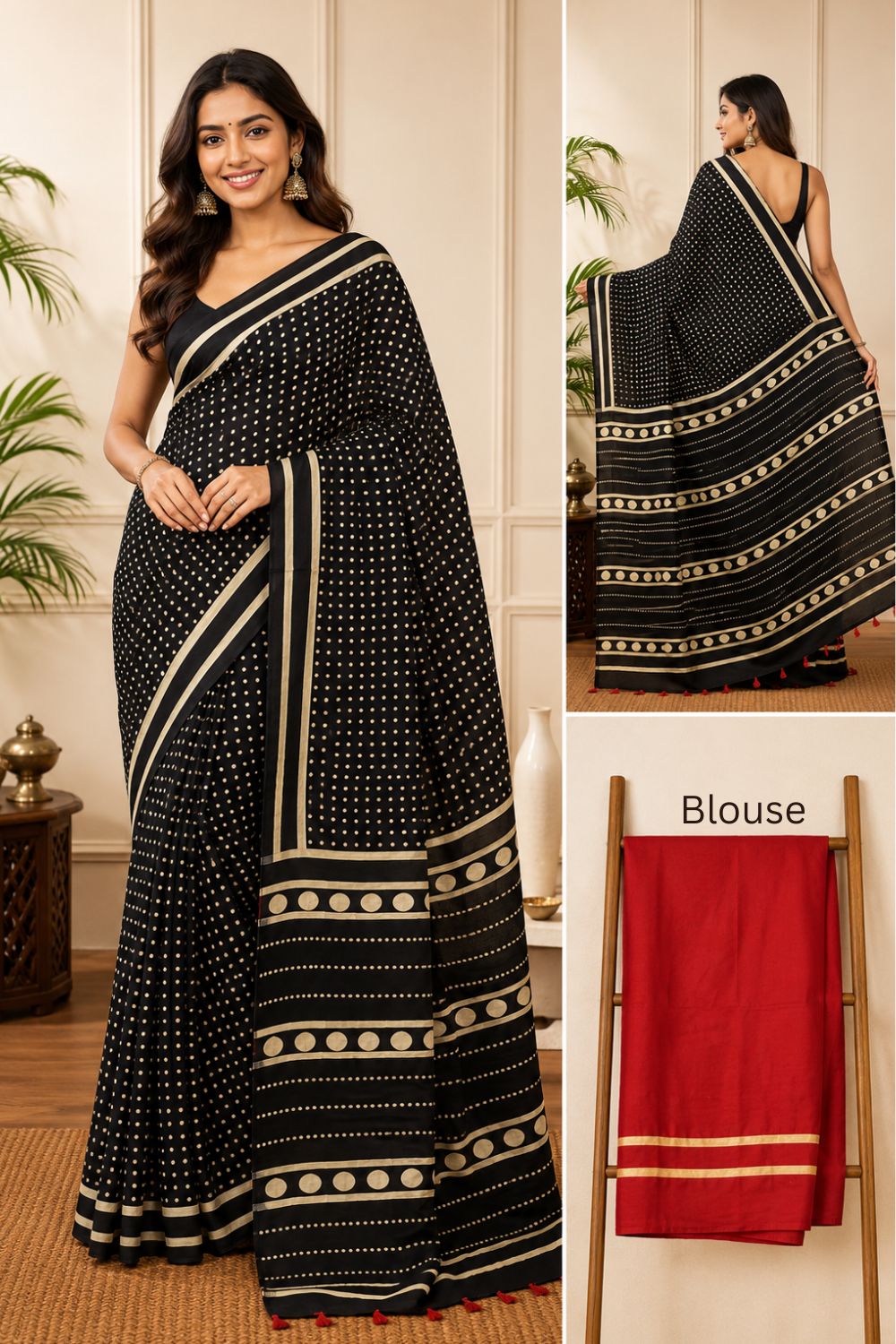 Women's Pure Cotton Jaipur Print Saree with Blouse | Soft Cotton Printed Saree for Women | Traditional, Casual & Festive Ethnic Wear - Black - 3105