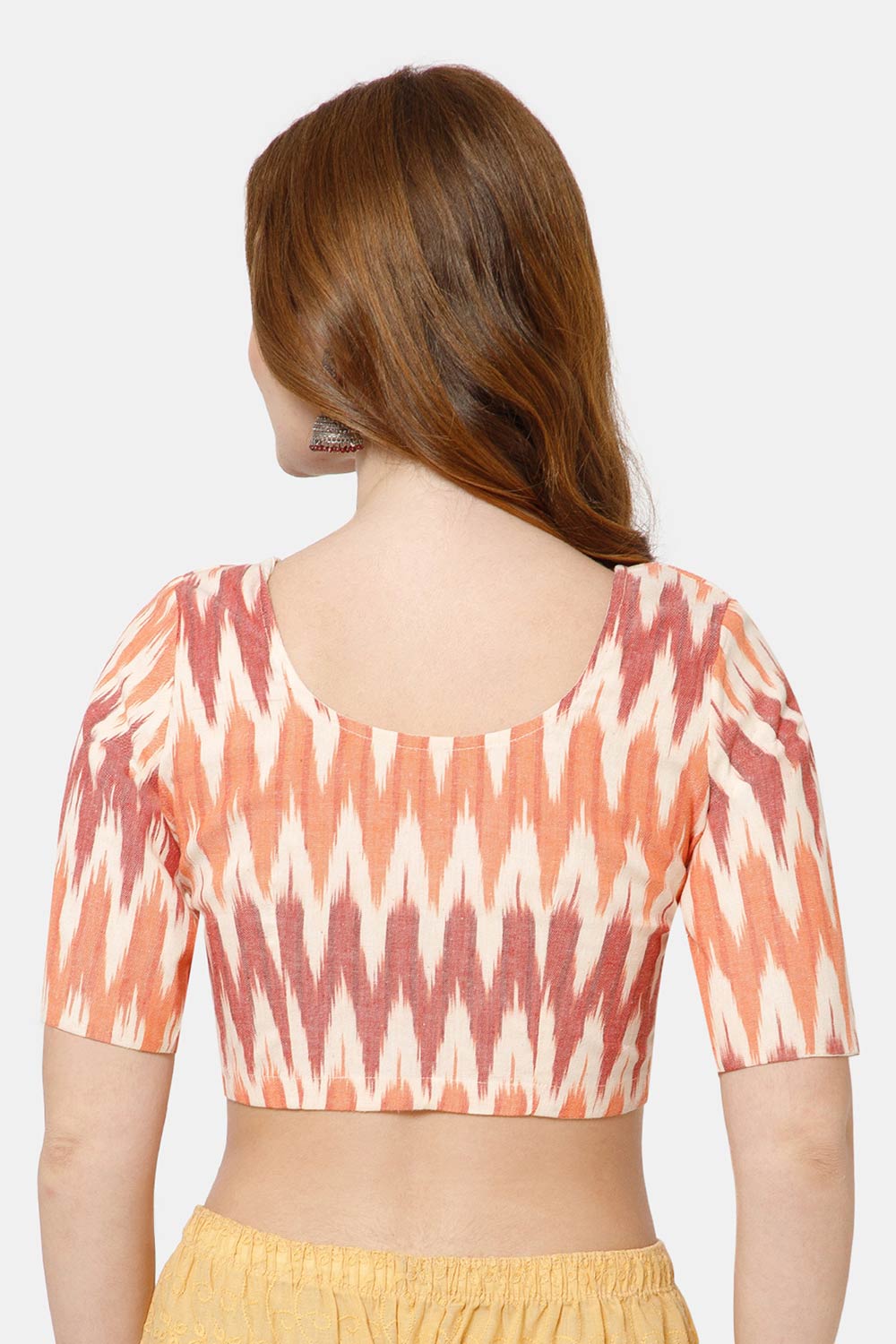 Naidu Hall Women's Cotton Blouse | Woven U-Neck Ethnic Blouse with Elbow Sleeves & Front Closure - White Red-3 - BU17