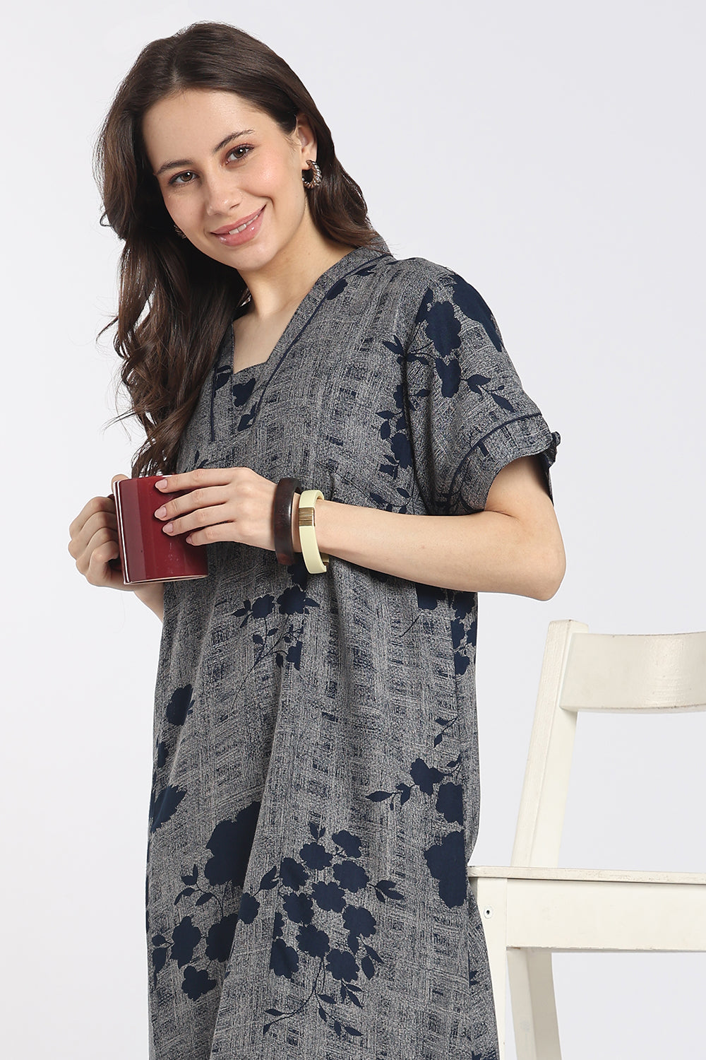 Naidu Hall Women's Printed Cotton Full-Length Nighty | Shawl Collar, Short Sleeves & Regular Fit-NB61