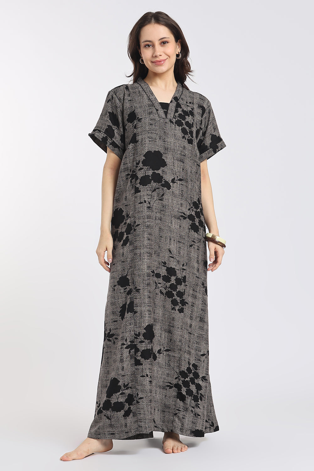 Naidu Hall Women's Printed Cotton Full-Length Nighty | Shawl Collar, Short Sleeves & Regular Fit-NB62