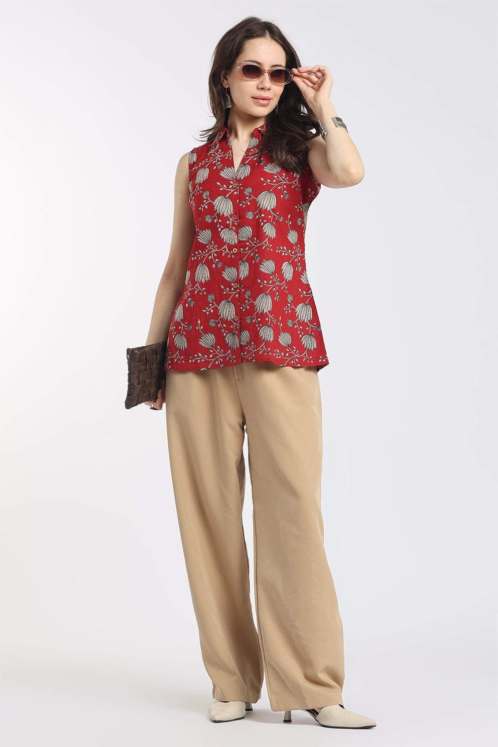 Mythri Women's Cotton Sleeveless Shirt Collar Top | Button Down Regular Fit Casual Top | TO52