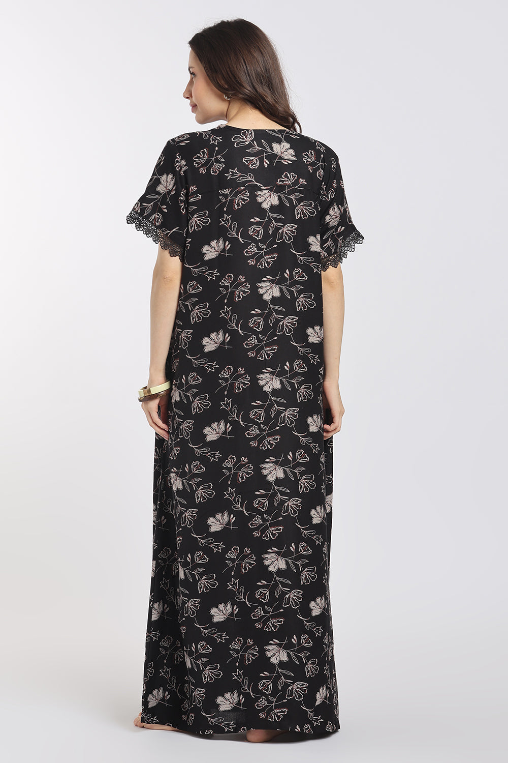 Naidu Hall Women's Printed Cotton A-Line Nighty | V-Neck Lace Detail, Short Sleeves & Full Length-NB65