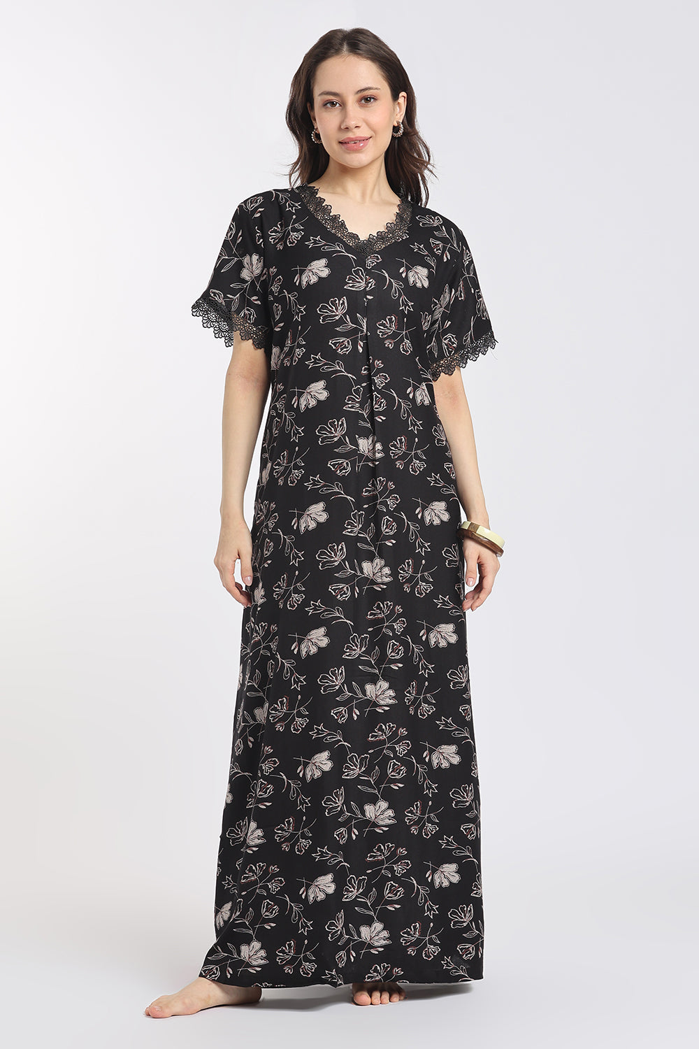 Naidu Hall Women's Printed Cotton A-Line Nighty | V-Neck Lace Detail, Short Sleeves & Full Length-NB65