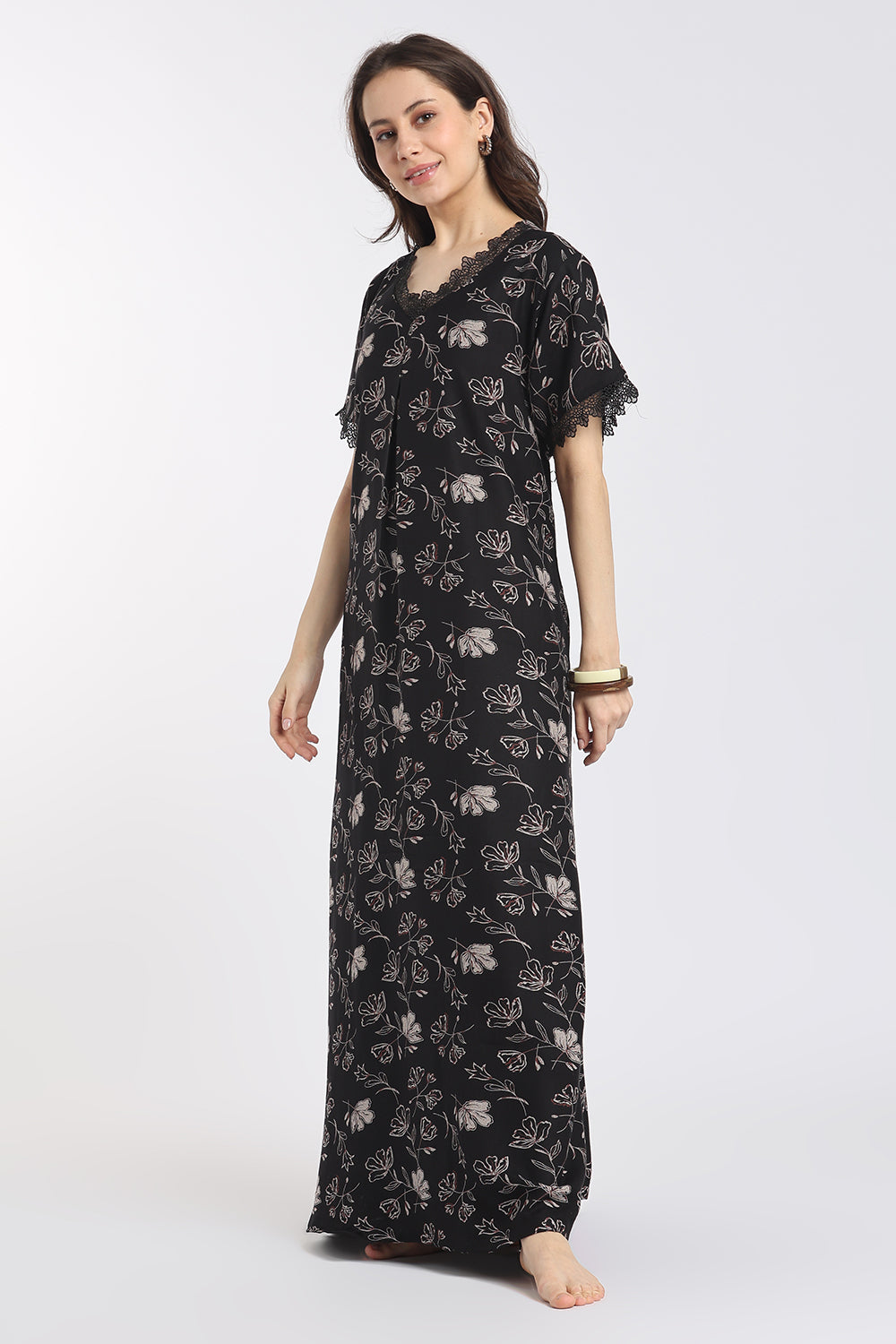 Naidu Hall Women's Printed Cotton A-Line Nighty | V-Neck Lace Detail, Short Sleeves & Full Length-NB65