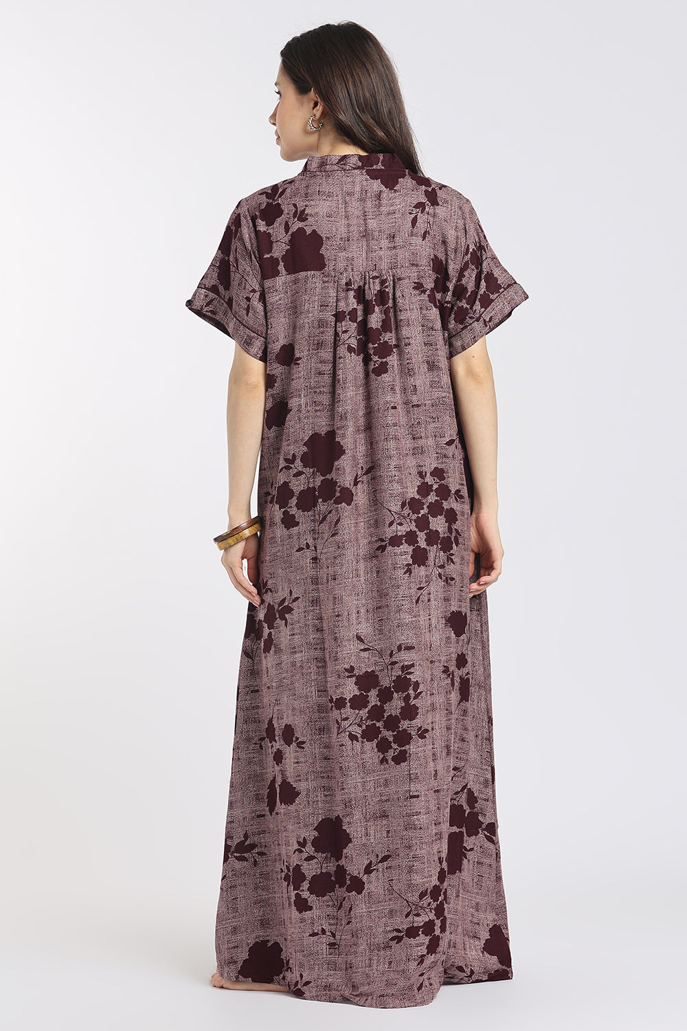 Naidu Hall Women's Printed Cotton Full-Length Nighty | Shawl Collar, Short Sleeves & Regular Fit-NB60