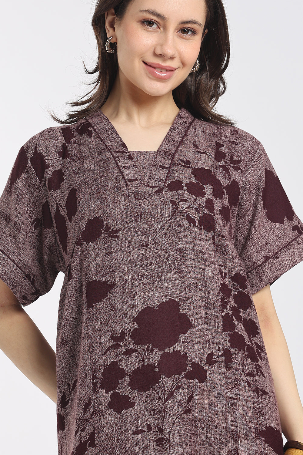 Naidu Hall Women's Printed Cotton Full-Length Nighty | Shawl Collar, Short Sleeves & Regular Fit-NB60