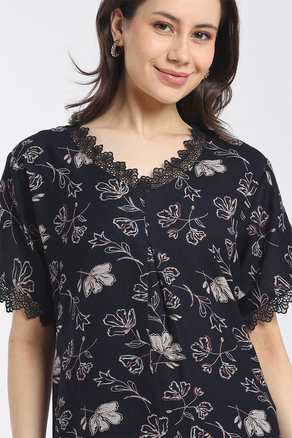 Naidu Hall Women's Printed Cotton A-Line Nighty | V-Neck Lace Detail, Short Sleeves & Full Length-NB64