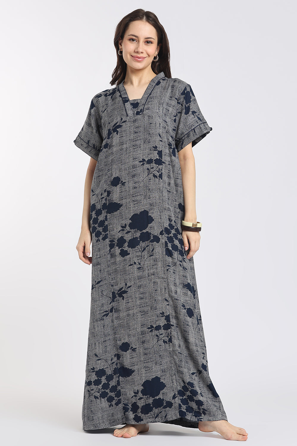 Naidu Hall Women's Printed Cotton Full-Length Nighty | Shawl Collar, Short Sleeves & Regular Fit-NB61