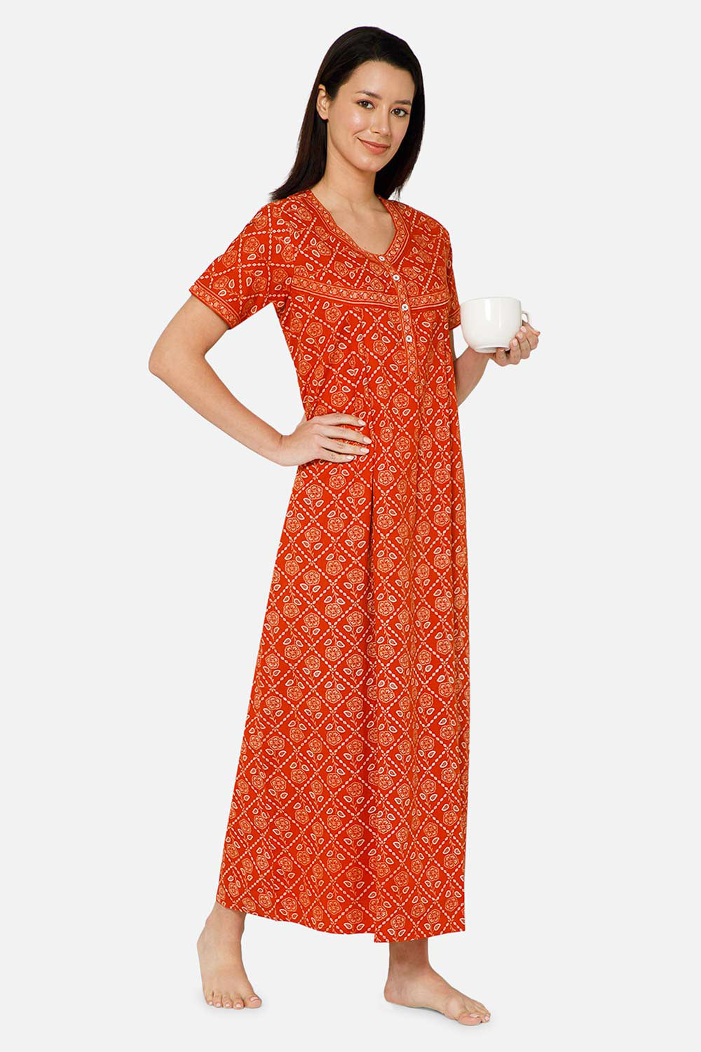 Naidu Hall A-line Front Open Women's Nighty Full Length Half Sleeve  - Orange - R133