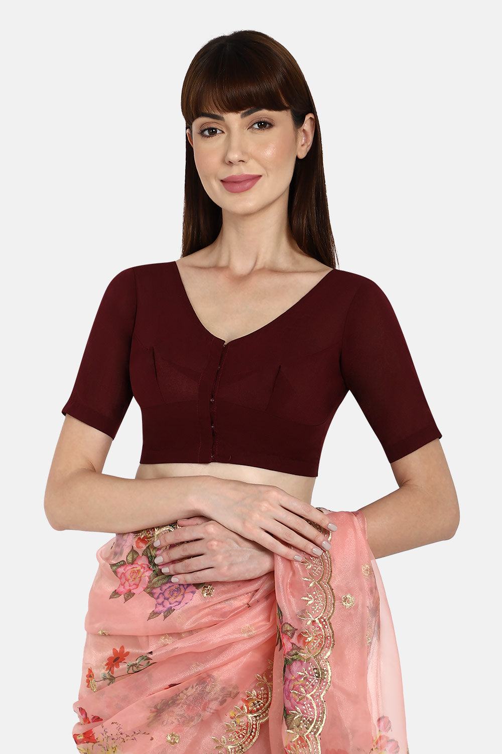 Naidu Hall Non-Wired Non-Padded Cotton Long Sleeve Blouse With Round Neck - Dark Maroon