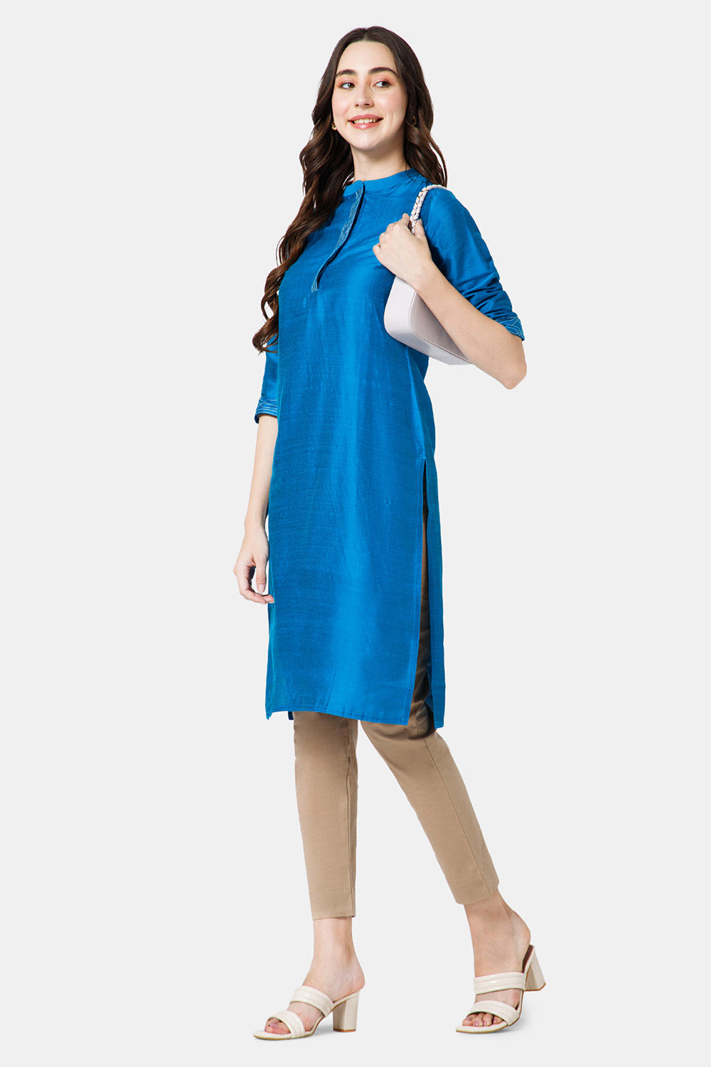 Mythri Women's Ethnic Wear Mandarin collar 3/4 sleeve straight cut Kurti - Blue - KU43