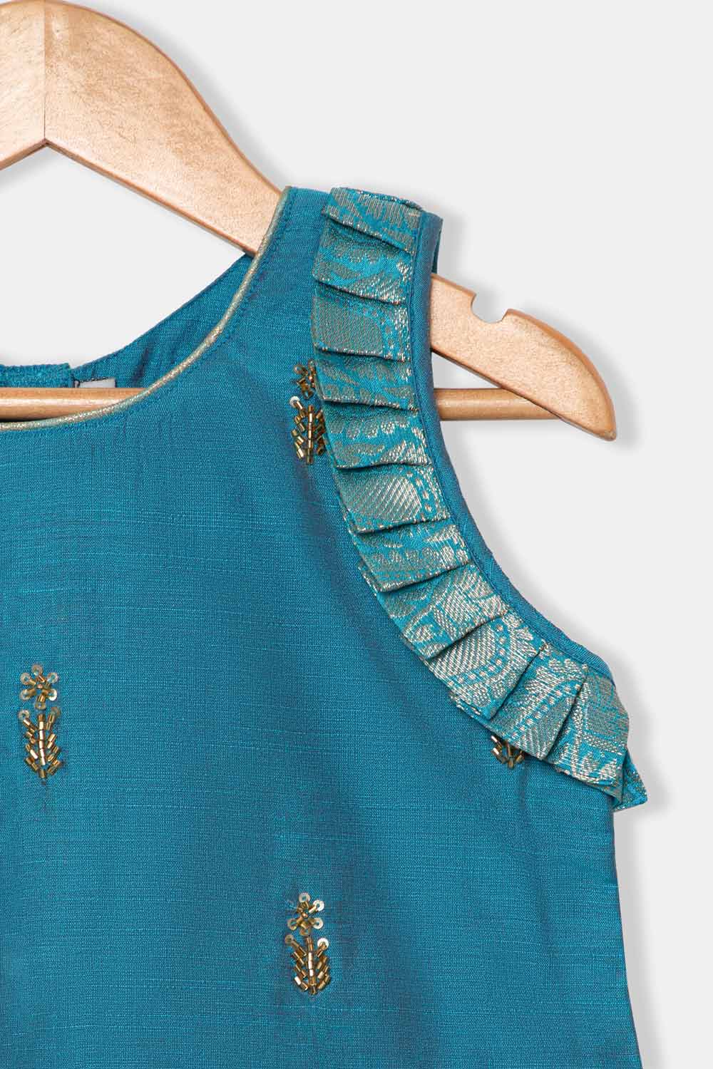 Chittythalli Girls Pavadai Set – Cotton Blend Box Pleated Skirt with Embroidered Butta Blouse - Blue - PS47