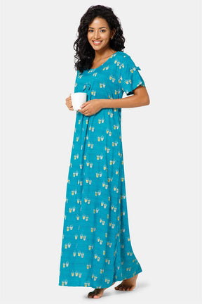 Naidu Hall  Round Neck Box Pleatted Short Sleeve Printed Nighty-Light blue - NT44
