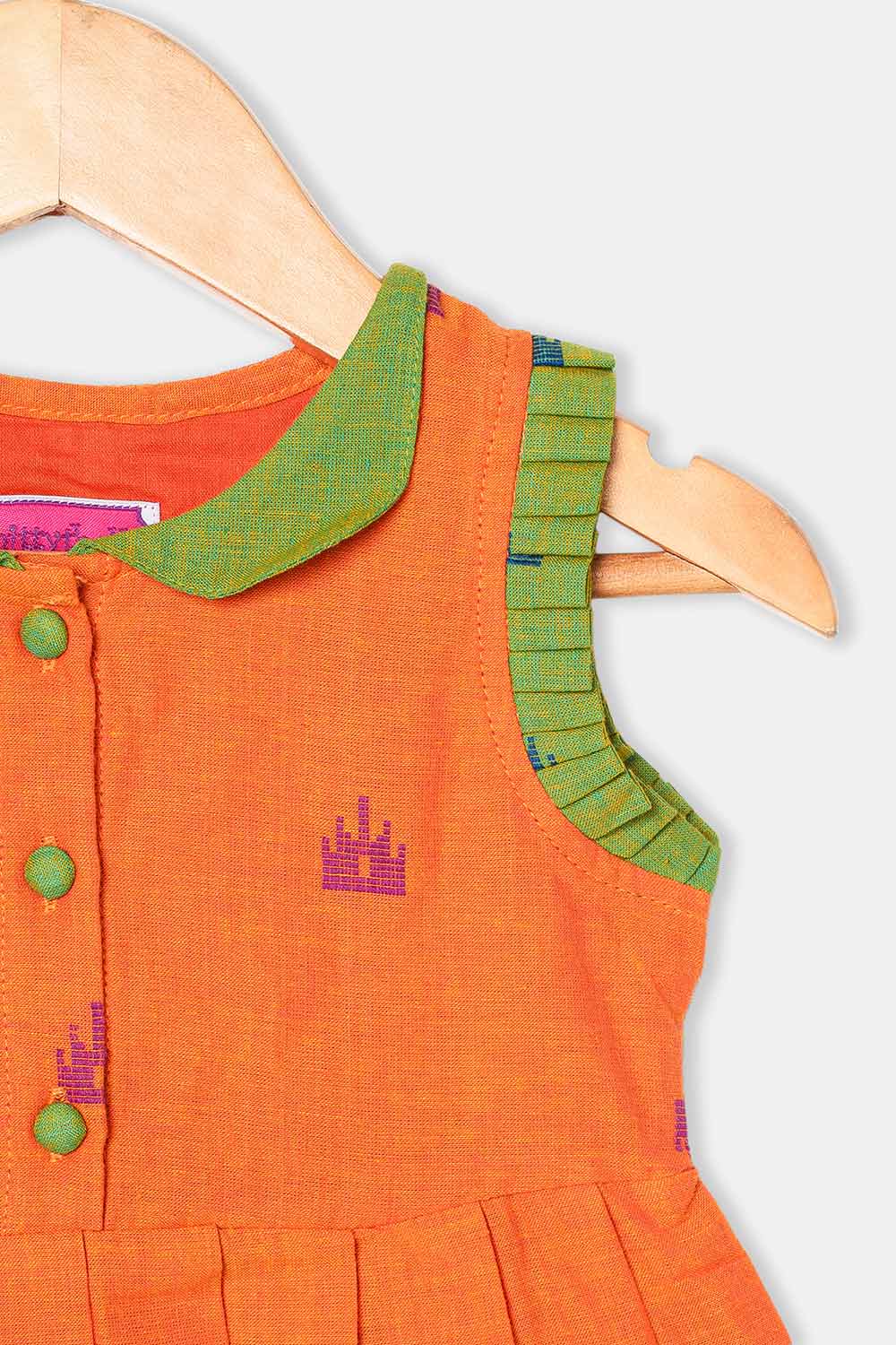 Chittythalli Girls Ethnic Frock Cotton Sleeveless Dress with Peter Pan Collar, Knife Pleats and Gathered Skirt- Orange - FR40